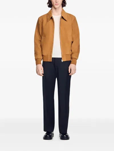 Sandro Thomas Suede Leather Jacket In Brown