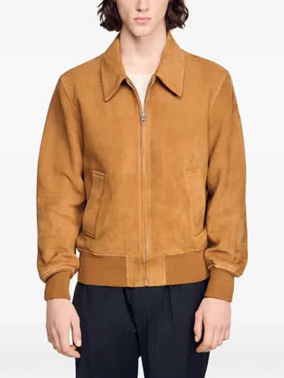 Sandro Thomas Suede Leather Jacket In Brown