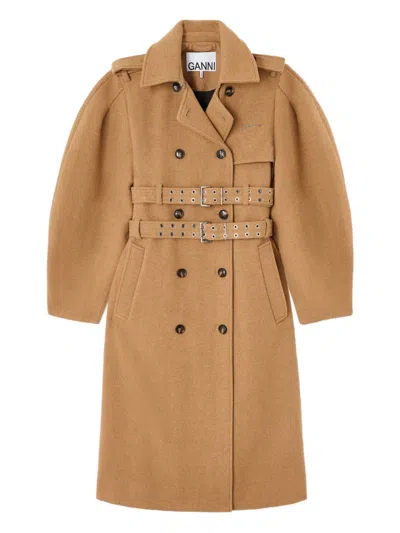 Ganni Belted Double-breasted Coat In Brown