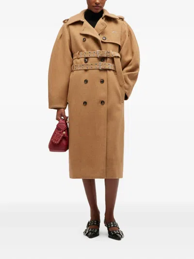 Ganni Belted Double-breasted Coat In Brown