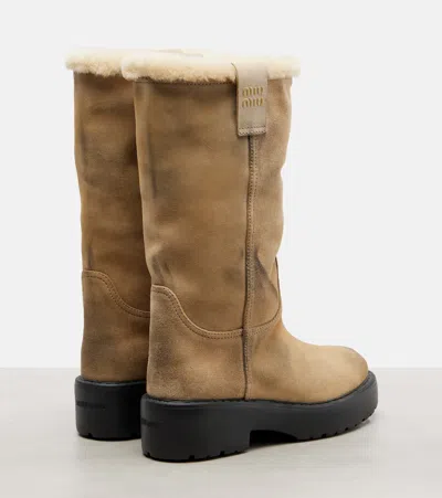 Miu Miu Shearling-lined Suede Knee-high Boots In Brown