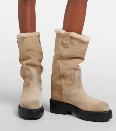 Miu Miu Shearling-lined Suede Knee-high Boots In Brown