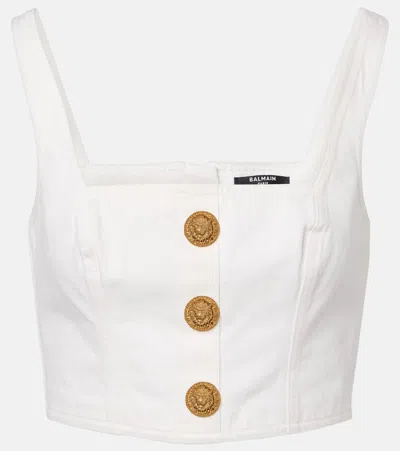 Balmain Denim Crop Top In White