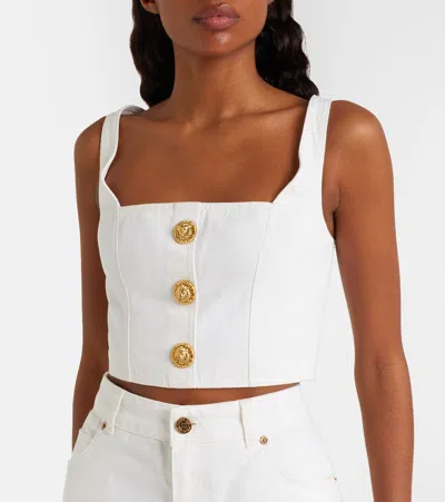 Balmain Denim Crop Top In White