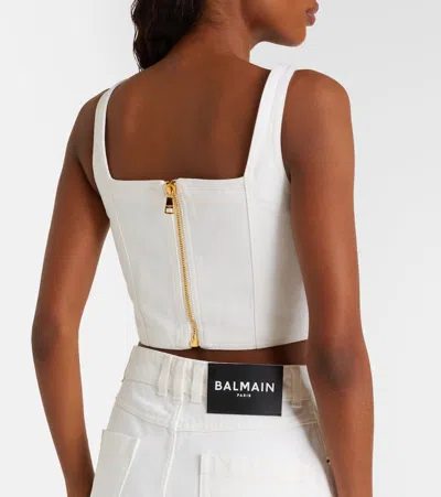 Balmain Denim Crop Top In White