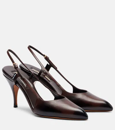 Miu Miu Leather Slingback Pumps In Brown