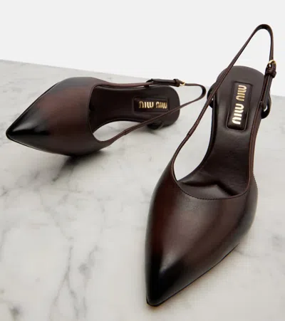 Miu Miu Leather Slingback Pumps In Brown