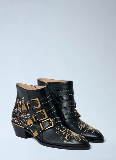 Chloé Black Calf Leather Bos Taurus Lace-up Boots In Animal Print
