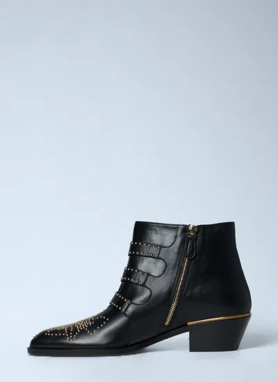 Chloé Black Calf Leather Bos Taurus Lace-up Boots In Animal Print