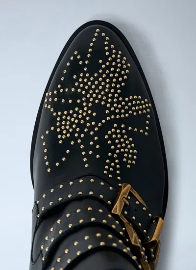 Chloé Black Calf Leather Bos Taurus Lace-up Boots In Animal Print