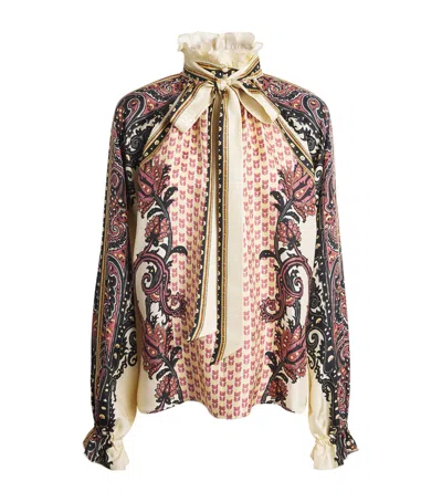 Etro Pussy-bow Ruffled Printed Silk-twill Blouse In Neutral
