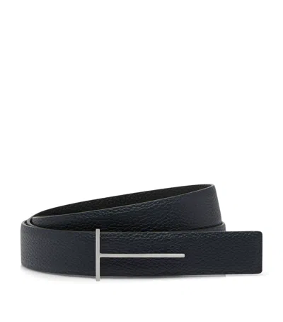 Tom Ford Dark Brown Reversible Textured Silver Buckle Belt In Black