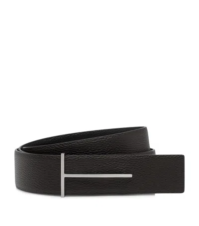 Tom Ford Dark Brown Reversible Textured Silver Buckle Belt In Black