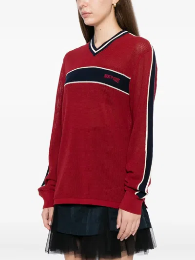 House Of Sunny Joey Stripe-trimmed Fine-knit Top In Red