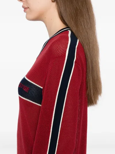 House Of Sunny Joey Stripe-trimmed Fine-knit Top In Red