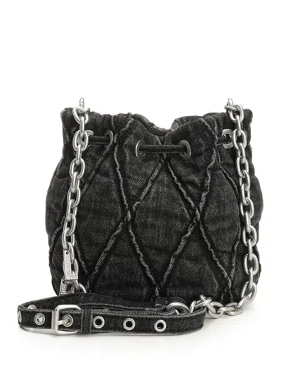 Diesel Charm-d S-mini Bucket Bag In Treated Quilted Denim In Black