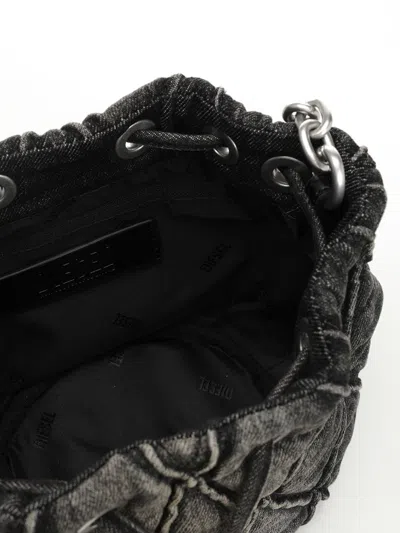 Diesel Charm-d S-mini Bucket Bag In Treated Quilted Denim In Black
