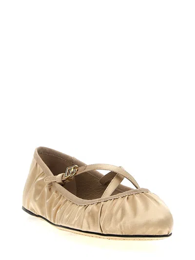 Dolce & Gabbana Elastic Trim Ruched Design Ballerina Flats In Beige