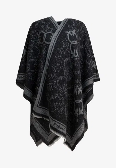 Pinko Love Birds Jacquard Wool Poncho In Black