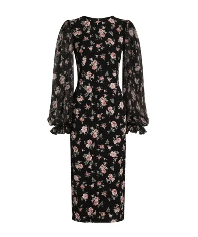 Dolce & Gabbana Women Black Dress With Round Neckline And All-over Floral Motif In Silk Blend Woman
