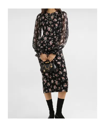 Dolce & Gabbana Women Black Dress With Round Neckline And All-over Floral Motif In Silk Blend Woman