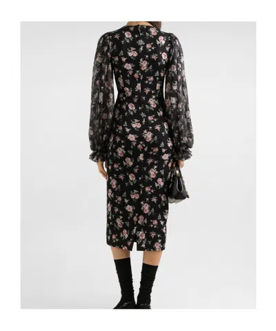 Dolce & Gabbana Women Black Dress With Round Neckline And All-over Floral Motif In Silk Blend Woman