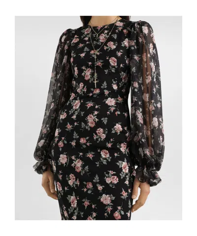 Dolce & Gabbana Women Black Dress With Round Neckline And All-over Floral Motif In Silk Blend Woman