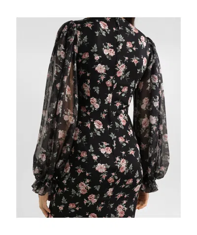 Dolce & Gabbana Women Black Dress With Round Neckline And All-over Floral Motif In Silk Blend Woman