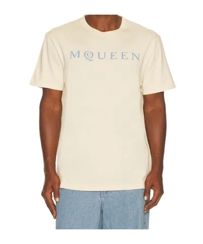 Alexander Mcqueen Men Cotton T-shirt With A Flocked Logo Printed In Pink