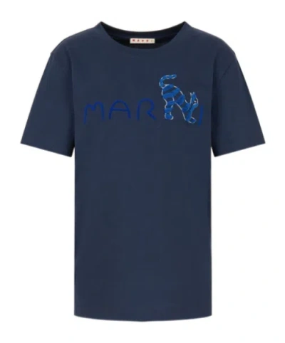 Marni Animal Alphabet Logo Deep Blue Cotton T-shirt In Animal Print