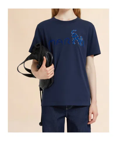 Marni Animal Alphabet Logo Deep Blue Cotton T-shirt In Animal Print