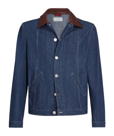Brunello Cucinelli Men Lightweight Denim Jacket With Leather Collar In Animal Print