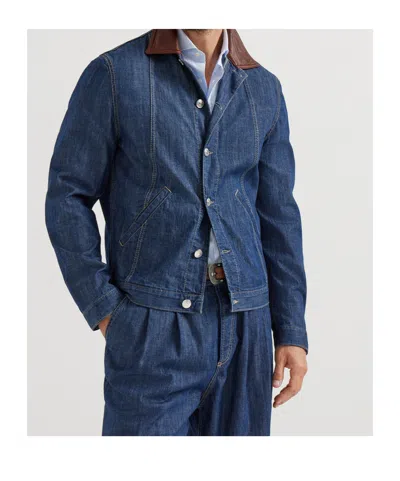 Brunello Cucinelli Men Lightweight Denim Jacket With Leather Collar In Animal Print