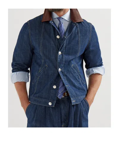 Brunello Cucinelli Men Lightweight Denim Jacket With Leather Collar In Animal Print