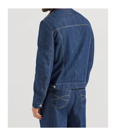 Brunello Cucinelli Men Lightweight Denim Jacket With Leather Collar In Animal Print