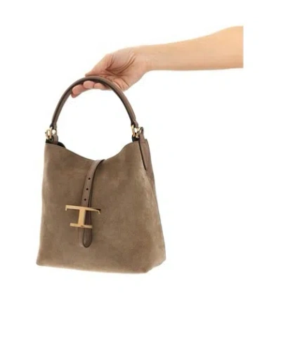 Tod's T Mini Bucket Bag Adjustable Strap Top Handle In Nude