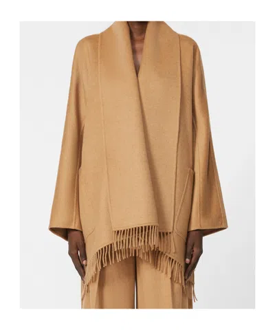 Max Mara Abilita Fringed Camel Hair Belted Cape Jacket In Brown