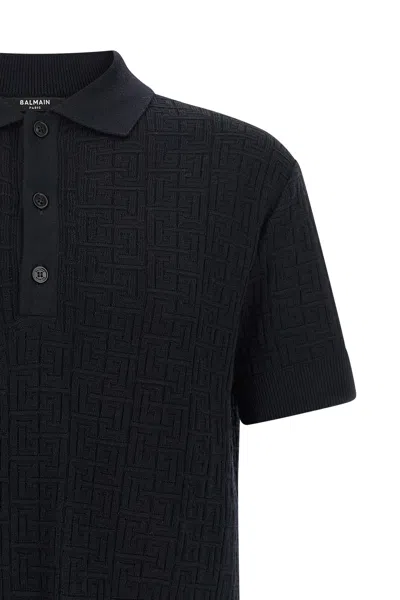 Balmain Textured Black Knitted Polo With Classic Collar In Multi