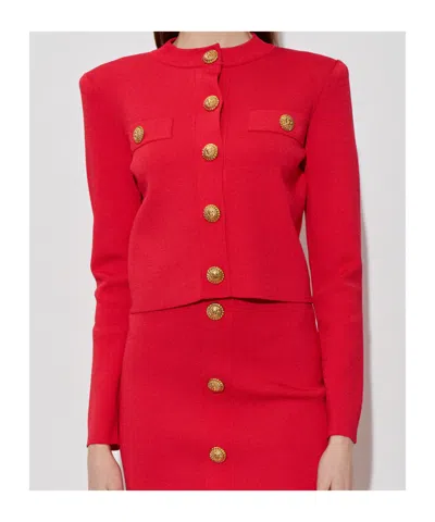Balmain Buttoned Strong-shoulder Knit Crop Jacket In Red