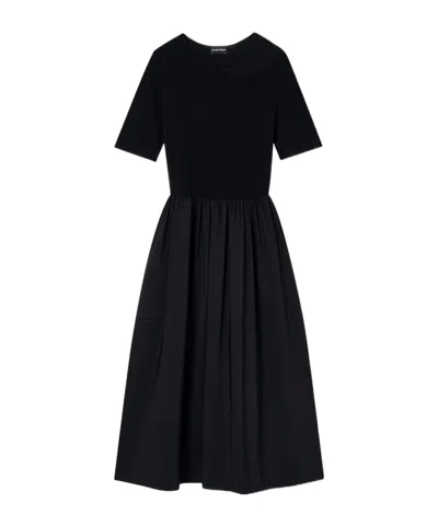 Emporio Armani Midi Dress Gathered Skirt Round Neckline In Black