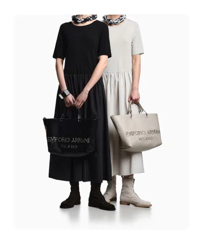 Emporio Armani Midi Dress Gathered Skirt Round Neckline In Black