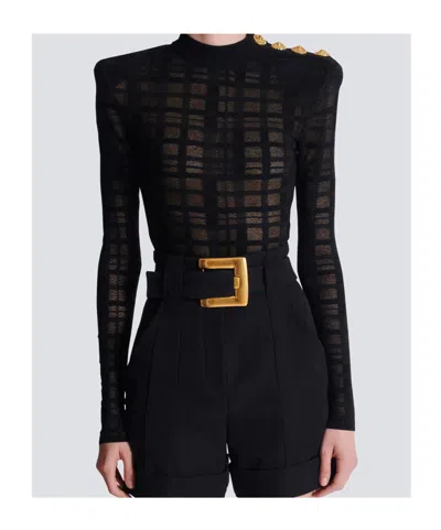 Balmain 3-button Bodysuit In Plaid Knit In Black