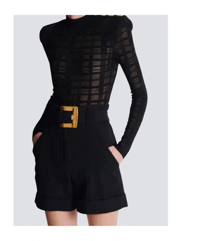 Balmain 3-button Bodysuit In Plaid Knit In Black