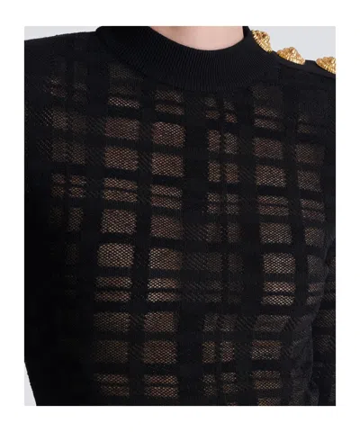 Balmain 3-button Bodysuit In Plaid Knit In Black