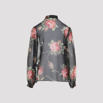 Dolce & Gabbana Rose Bouquet-print Silk Chiffon Neck-tie Blouse In Black