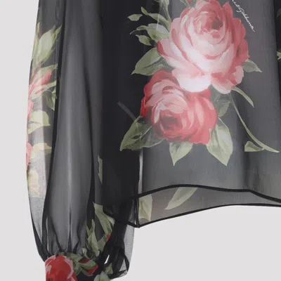 Dolce & Gabbana Rose Bouquet-print Silk Chiffon Neck-tie Blouse In Black