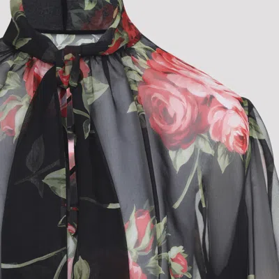Dolce & Gabbana Rose Bouquet-print Silk Chiffon Neck-tie Blouse In Black