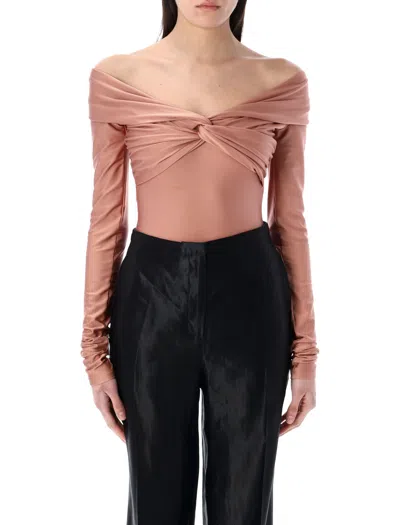 The Andamane Stretch Off-shoulder Draped Bodysuit In Pink