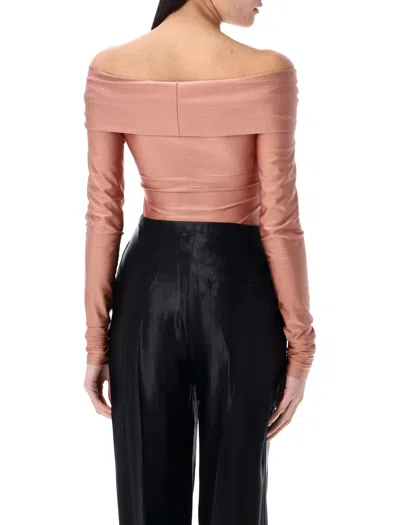 The Andamane Stretch Off-shoulder Draped Bodysuit In Pink