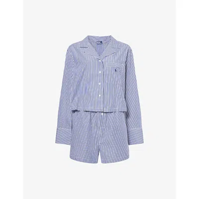 Polo Ralph Lauren Womens Wht Cloud X Beacon Blu Stripe Crop Boxer Short Cotton Pyjama Set In Blue